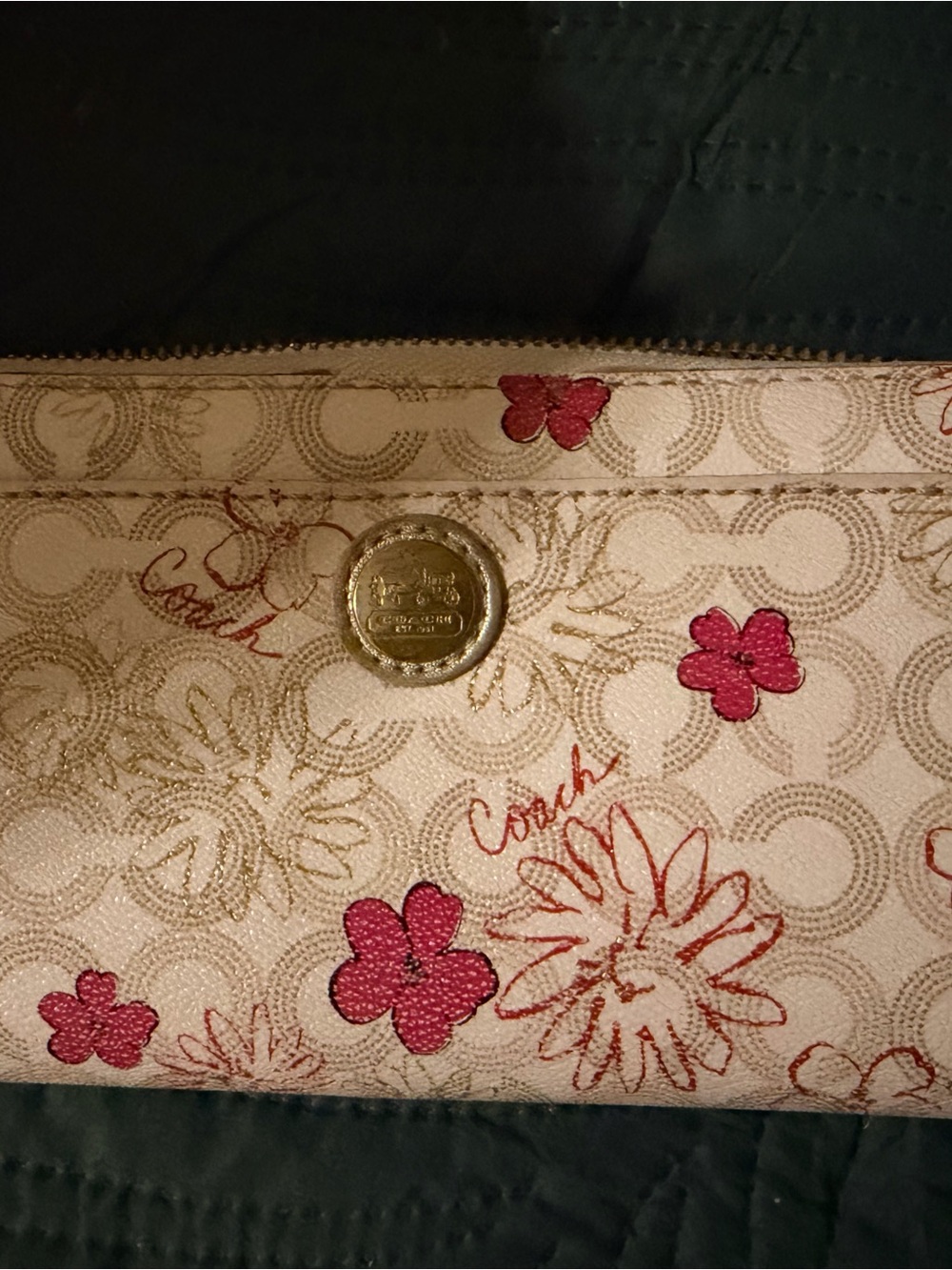 Coach Cream Signature Floral Wallet with Pink Accents